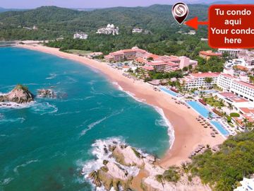 Condominio cerca de la playa, terraza común con vista al mar, alberca y gimnasio