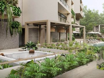 Condominio cerca de la playa, terraza común con vista al mar, alberca y gimnasio
