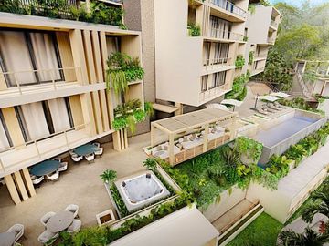 Condominio cerca de la playa, terraza común con vista al mar, alberca y gimnasio