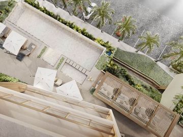 Condominio cerca de la playa, terraza común con vista al mar, alberca y gimnasio