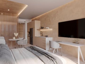 Estudio con acceso a la playa, terraza, tina, alberca y  Area de Coworking