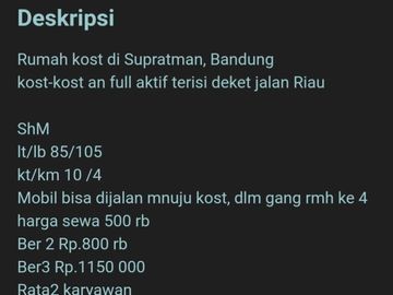 Kostan Murah pisan dekat jalan Riau kota Bandung