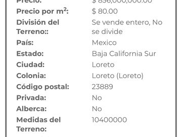 Propiedad a la orilla del Mar en la Bahía de Concepción de Loreto en BCS