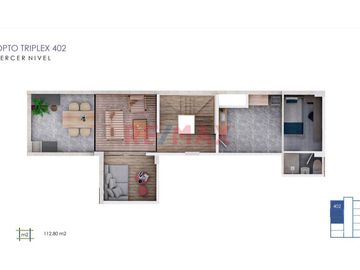 TRÍPLEX 402 DE 4 DORMITORIOS

Área total 186.77 m² – Área techada 145.50 m²

Dos estacionamientos

Primer nivel: Área techada 61.20m²

•	Ampli