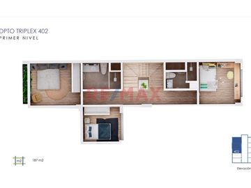 TRÍPLEX 402 DE 4 DORMITORIOS

Área total 186.77 m² – Área techada 145.50 m²

Dos estacionamientos

Primer nivel: Área techada 61.20m²

•	Ampli