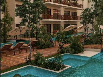 Departamento con jardín privado de 32 m2 y acceso directo a la alberca desde tu
