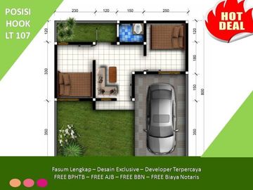 Rumah Free Biaya Lingkungan Asri 2KT Tipe 25/107 Hook
