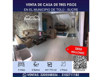 SE VENDE CASA DE TRES PISOS EN EL MUNICIPIO DE TOLÚ - SUCRE