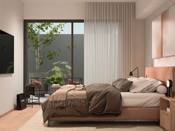 Sala de doble altura, departamento de dos pisos, con terraza de uso comun en pis