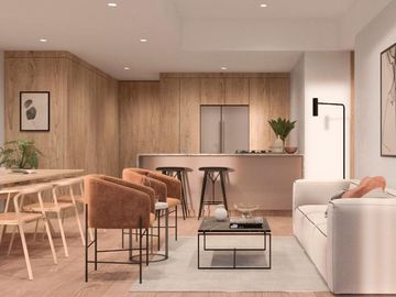 Sala de doble altura, departamento de dos pisos, con terraza de uso comun en pis