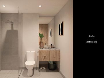 Sala de doble altura, departamento de dos pisos, con terraza de uso comun en pis