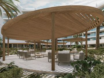 Condo con terraza que tiene vista al mar, cuatro recamaras, alberca, pre-venta,
