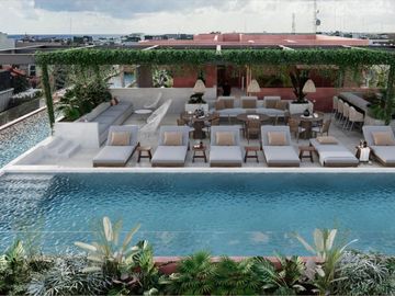 Condominio con alberca infinity, jacuzzi, area de hamacas, gimnasio, co-working,