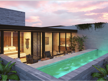 Estudio con jardín, acabados de lujo, bar, alberca infinity, area de yoga y gym