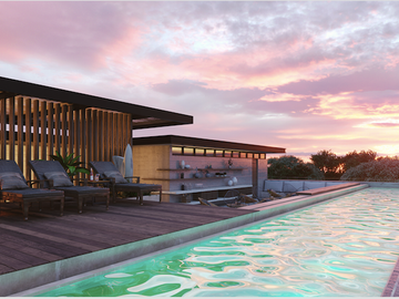 Estudio con jardín, acabados de lujo, bar, alberca infinity, area de yoga y gym