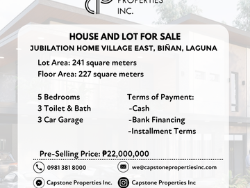 House and Lot for Sale in Jubilation Home Village East, Bin̈an, Laguna (Pre-Selling)