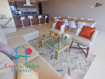Depa de playa en renta mensual y vacacional. Terraza con vista a los jardines y albercas