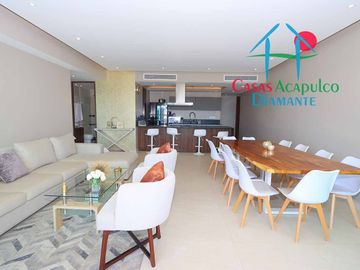 Depa de playa en renta mensual y vacacional. Terraza con vista a los jardines y albercas