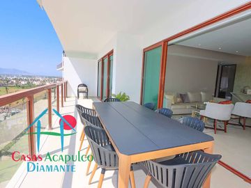 Depa de playa en renta mensual y vacacional. Terraza con vista a los jardines y albercas