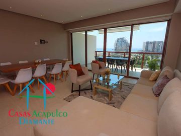 Depa de playa en renta mensual y vacacional. Terraza con vista a los jardines y albercas