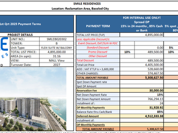 Pre-Selling 31.16 SQM FLEXI SUITE W/ BALCONY at Smile Residences in Bacolod City Premiere Waterfront Development