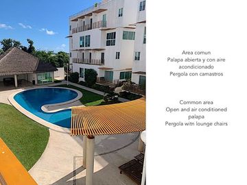 Departamento de 2 pisos con patio amplio, sala de tv, estudio, terrazas, 2 bodegas, alberca, palapa, estacionamiento 2 autos, a unos pasos de la entra