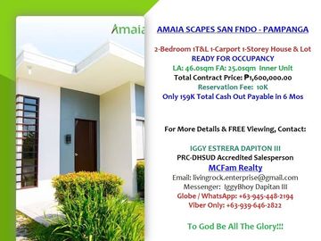 VERY AFFORDABLE 1-STOREY HOUSE & LOT w/2-BEDROOM 1T&B 1-CAR GARAGE AMAIA SCAPES SAN FERNANDO-PAMPANGA ONLY 10K TO RESERVE