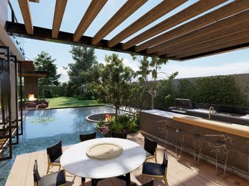 Venta casa nueva en Rancho San Juan, Zona Esmeralda con sala de cine y espejo de agua