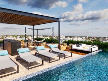 Estudio con terraza privada, alberca, Gimnasio y Area de hamacas,  Zona Centro, venta, Playa del Carmen.