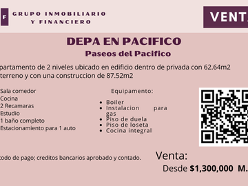 DEPA EN VENTA EN PACIFICO | PASEOS DELPACIFICO | 2 RECÁMARAS | 62M2