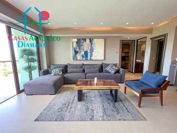 Dpartamento en renta vacacional con terraza, vista a las albercas y áreas comunes