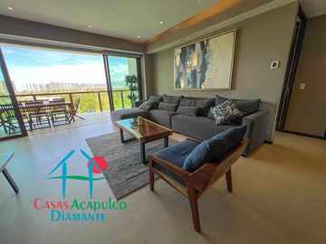Dpartamento en renta vacacional con terraza, vista a las albercas y áreas comunes