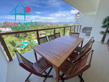 Dpartamento en renta vacacional con terraza, vista a las albercas y áreas comunes