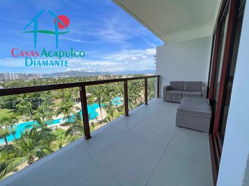 Dpartamento en renta vacacional con terraza, vista a las albercas y áreas comunes