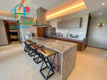 Dpartamento en renta vacacional con terraza, vista a las albercas y áreas comunes