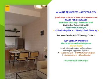Unlock Prosperity and Comfort at Unit A23 3-Bedroom w/2-T&B 2-Car Garage 2-Storey Deluxe Townhouse Ahanna Residences Antipol– Reserve Your Spot Today!