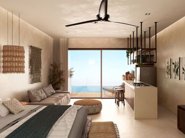 Departamento con alberca común, vista al mar en venta, Pueblo, Puerto Morelos
