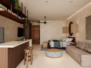 Departamento con alberca común, vista al mar en venta, Pueblo, Puerto Morelos