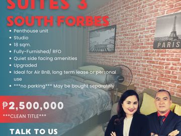 Upgraded Fully Furnished Studio Penthouse Unit For Sale at Stanford Suites 3 South Forbes Golf City, Silang, Cavite