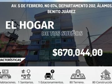 Departamento en venta, Av. 5 de Febrero 674, col. Álamos, Benito Juarez, cuenta con 2 recamaras, muy cerca de Metro Viaducto y Xola