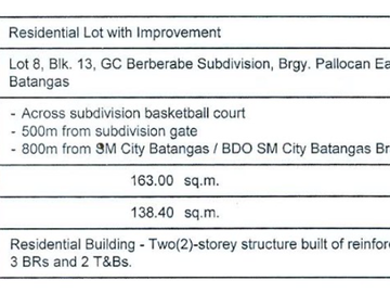 𝐏𝐑𝐎𝐏𝐄𝐑𝐓𝐘 𝐅𝐎𝐑 𝐒𝐀𝐋𝐄  𝐢𝐧 GC Berberabe Subdivision, Brgy. Pallocan East, Batangas City, Batangas