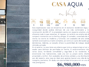 CASA EN RESIDENCIAL AQUA FUENTE EOLO EN VENTA
