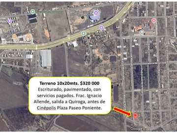TERRENO DE 200M2, SALIDA A QUIROGA, ANTES DE CINEPOLIS PASEO PONIENTE PAESCRITURADO Y PAVIMENTADO