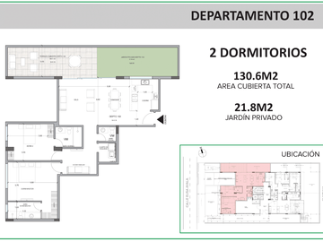 102 Cumbayá. Miravalle. Departamentos con patio y balcón. Departamento 2 Dormitorios 130,63 m  más jardín 21,80 m