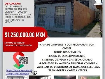 VENDO CASA EN LOS HEROES TECAMAC EN AVENIDA PRINCIPAL