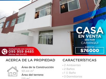 VENTA CASA EN CONJUNTO EN CARANQUI