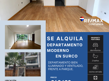 Se Alquila Departamento En Surco Frente A Parque