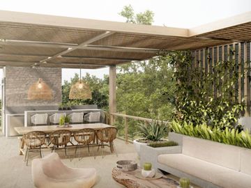 Penthouse cerca de la playa, terraza común con vista al mar, alberca, area de asador y gimnasio, adaptado para silla de ruedas, en pre-construccion, v