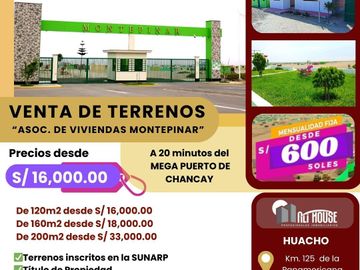 SE VENDE TERRENOS DE 120 m2, 160 m2 y 200 m2 EN HUACHO DESDE S/ 16,000.00.
