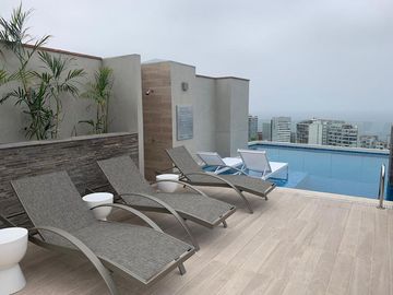 Alquilo Departamento Amoblado 54 m2 Vista Externa 2 Dormitorios Cochera y Áreas Comunes en Barranco